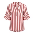 thumbnail image 4 of Women's Casual Loose Linen Striped V-Neck Three-Quarter Sleeve Ruffled Top, 4 of 8