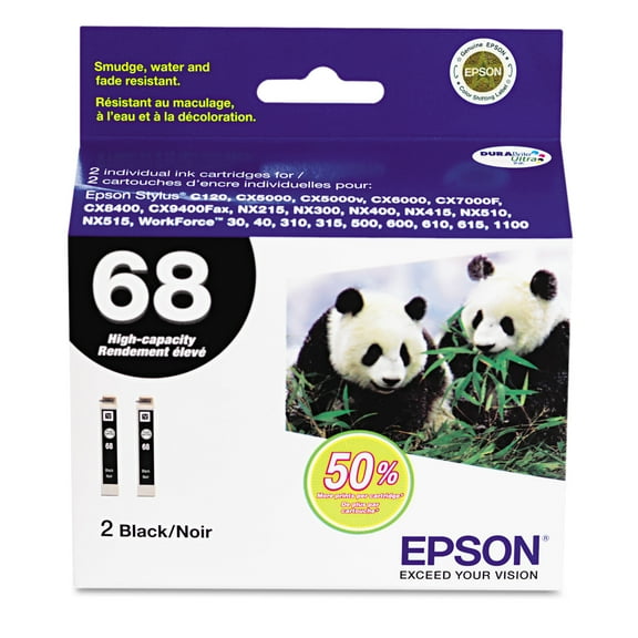Epson T068120D2 (68) DURABrite Ultra High-Yield Ink, Black, 2/PK