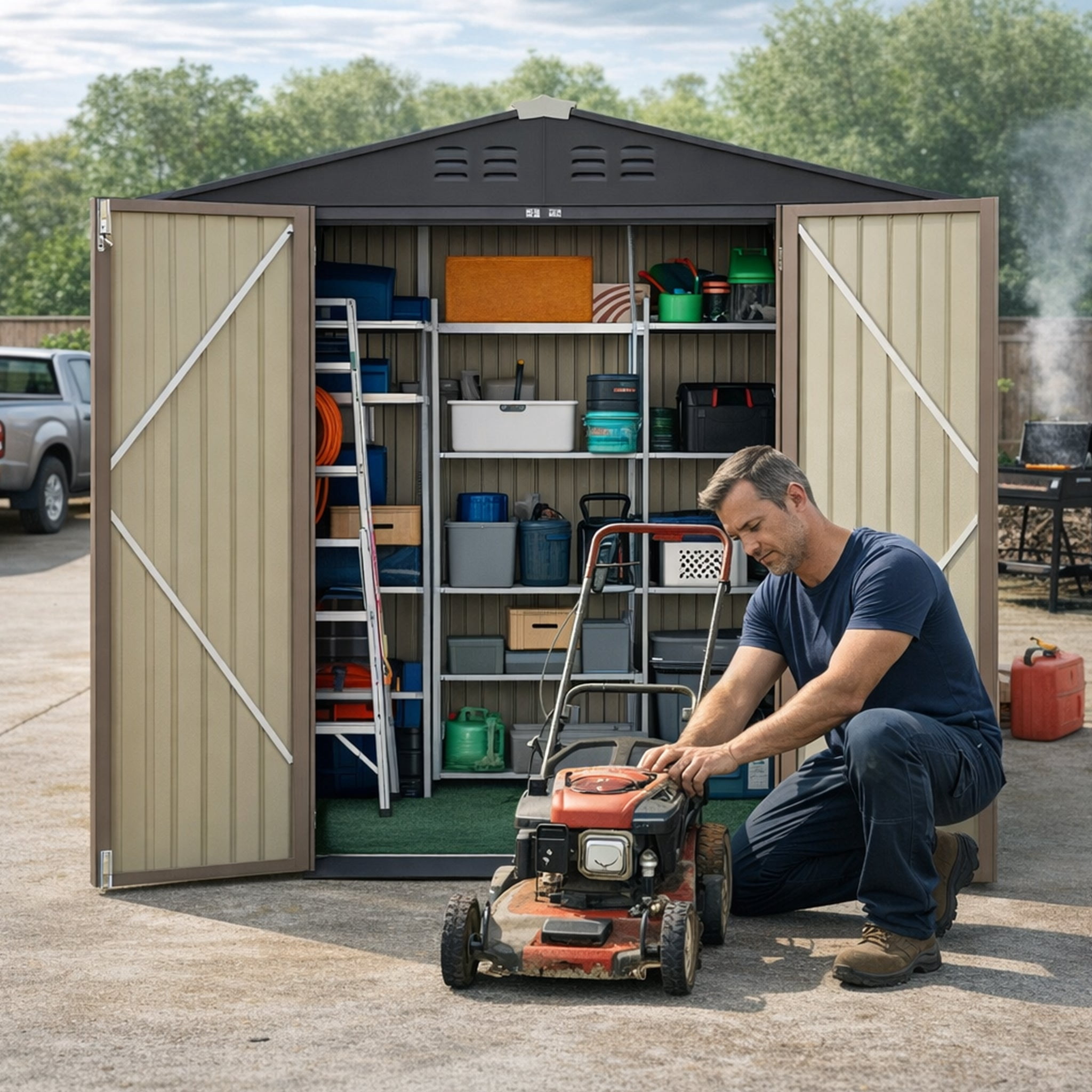 6' x 4' Outdoor Storage Shed, Weather-Resistant Iron Garden Shed with Lockable Double Doors for Backyard/Patio/Lawn, Brown