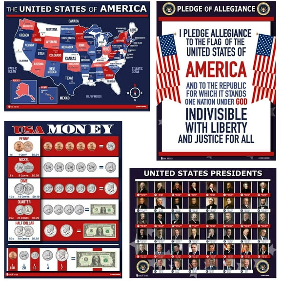 USA New Joe Biden 2021 Charts 4 Pack LAMINATED Posters US Currency, Pledge of Allegiance, all US Presidents, and Map of United States (15x19) Young N Refined