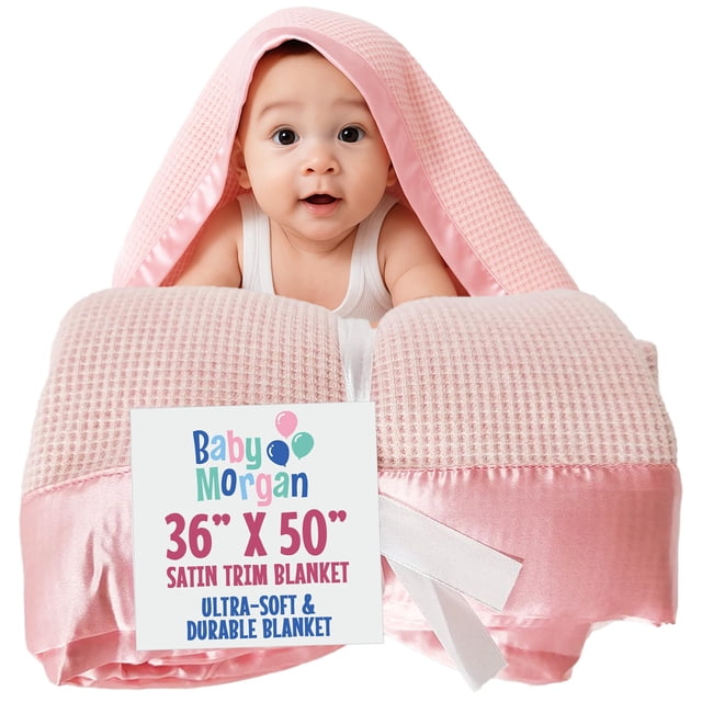 Manta térmica bebé Baby Morgan con textura waffle 91x127 cm, borde de satén rosa
