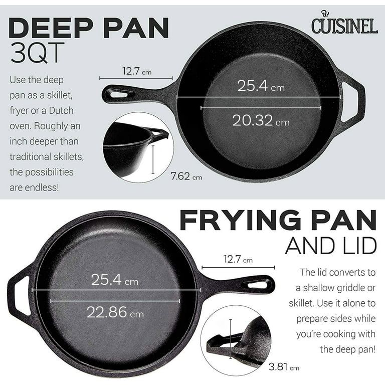 Cuisinel Cast Iron Skillet + Lid - 2-In-1 Multi Cooker - Deep Pot + Frying  Pan - 3-Qt Dutch Oven - Pre-Seasoned Oven Safe Cookware - Indoor/Outdoor 