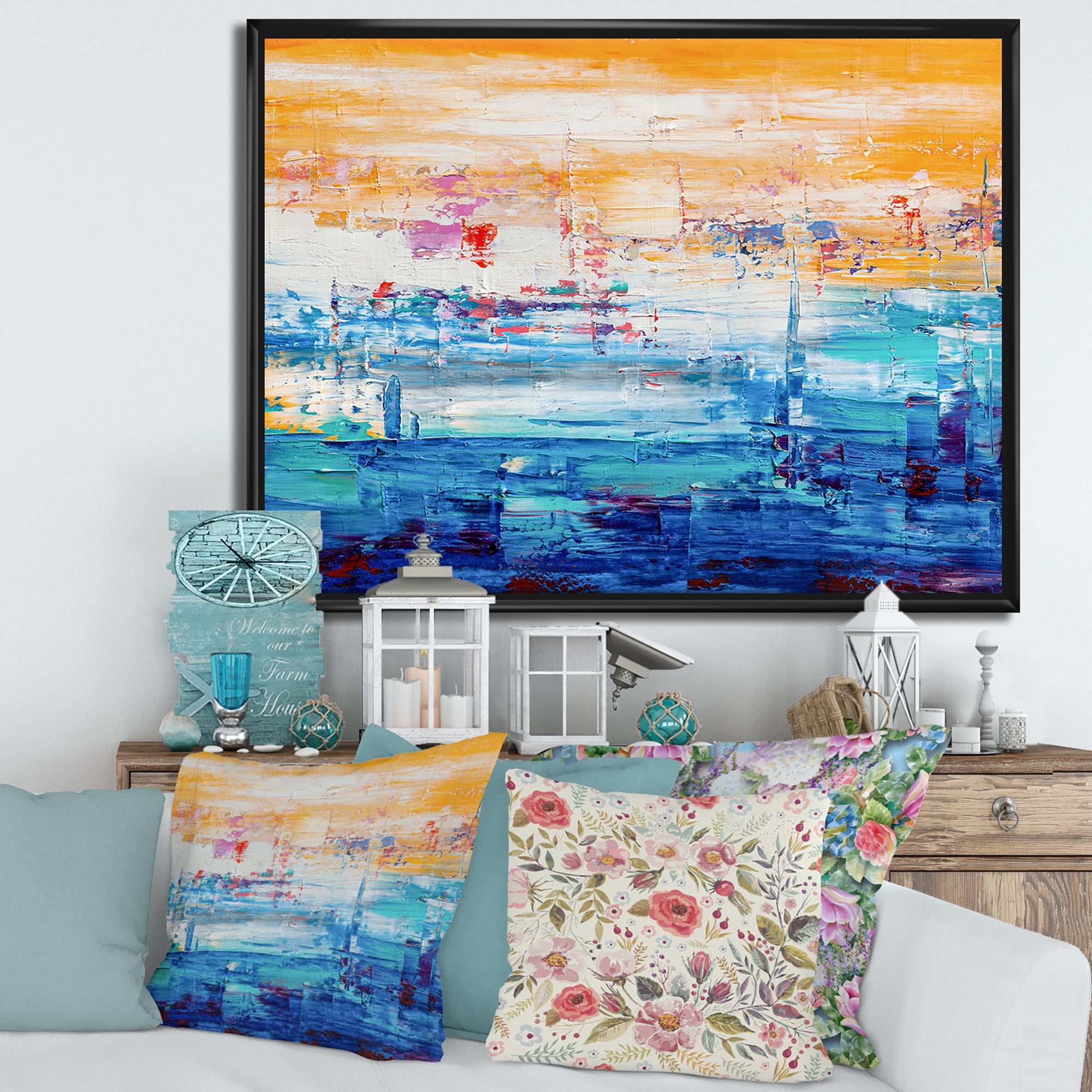 Designart 'Blue Meet Orange Abstract' Modern Framed Canvas Wall Art Print