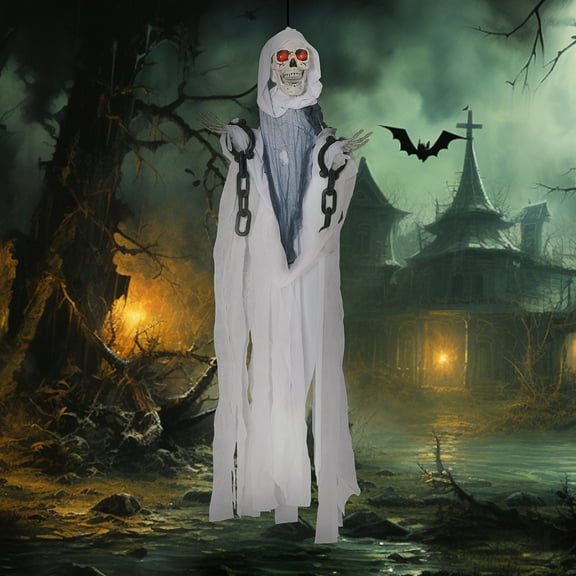 Outsunny 60" Life Size Outdoor Halloween Decorations Hanging Grim Reaper in White Robe, Animated Prop with Sound and Motion Activated Light Up Eyes, Howling and Chain Sound