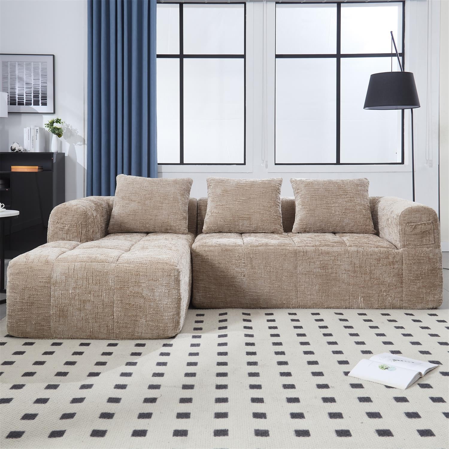 Demi Bonn 98" L-Shaped Modular Sectional Sofa with Chaise, Side Pockets, Modern Comfort Couch, Compression-Free Installation for Living Room, Beige