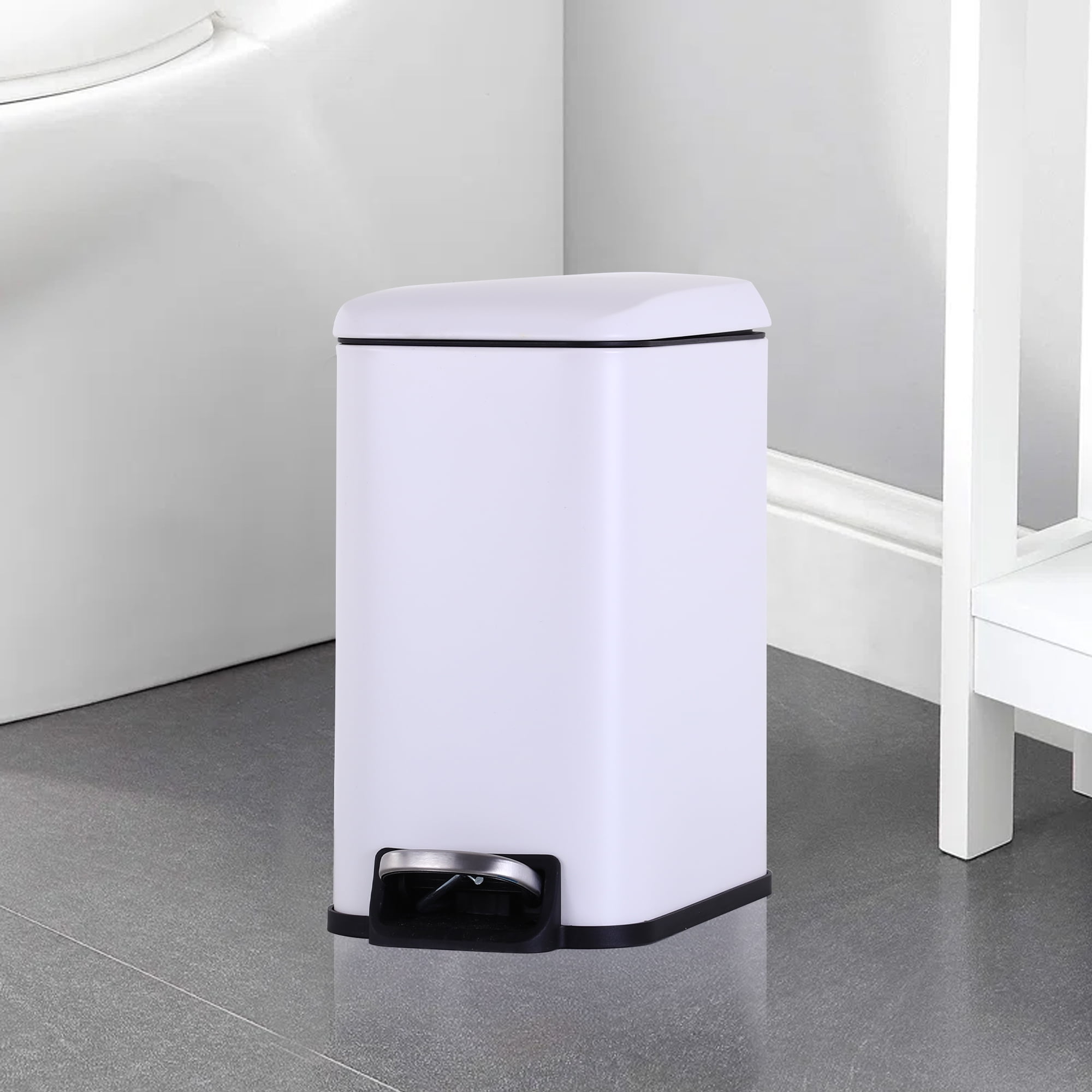CL.HPAHKL Small Bathroom Trash Can with Soft Close Lid, 1.3 Gallon Stainless Steel Garbage Can with Removable Inner Bucket, Foot Pedal, Mini Trash Bin for Toilet, Home Office (White, 2 Pack)