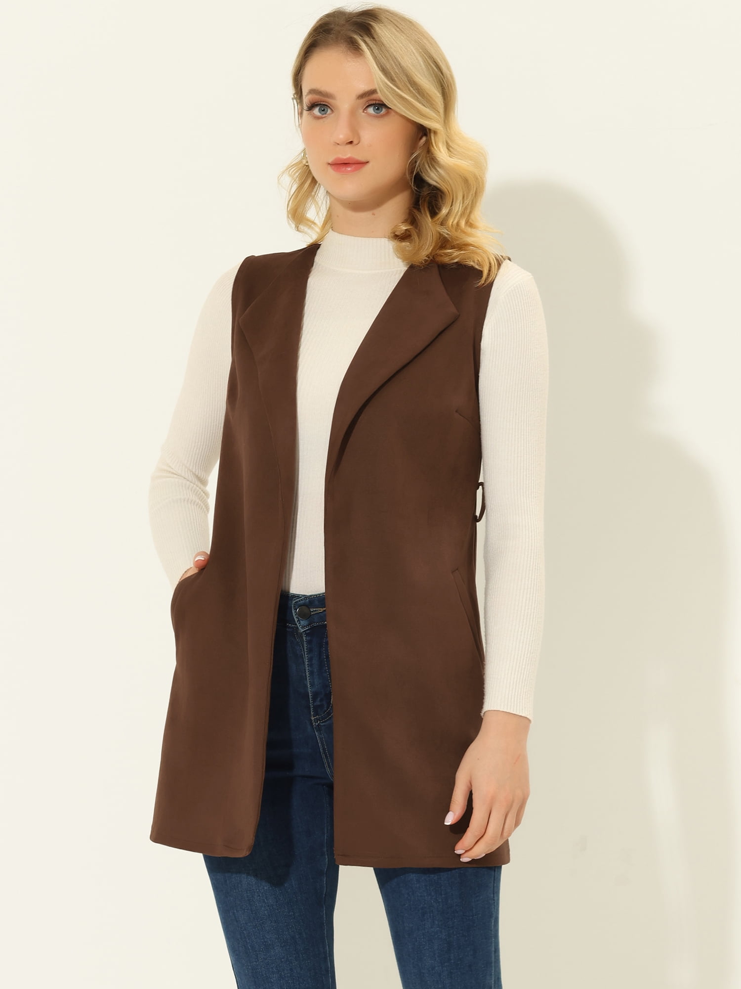 DARING DIVA Women's Suede Lapel Collar Tie Waist Blazer Jackets XS Brown