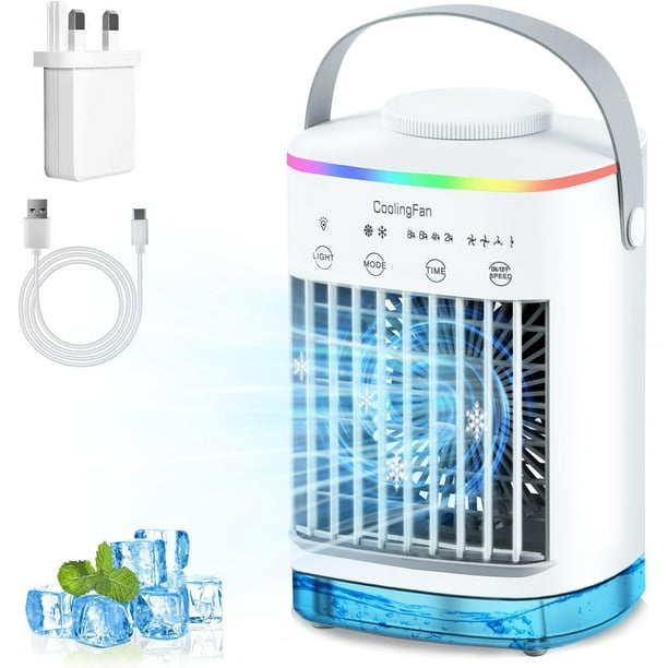 YYUgolo 700ml Aire Acondicionado Portátil, Ventilador Humidificador, Enfriador de Aire Evaporativo 3 en 1,3 Velocidades 7 Colores luz Nocturna, 2/4H Temporizador,Dormitorio, Camping, Oficina(Blanco)