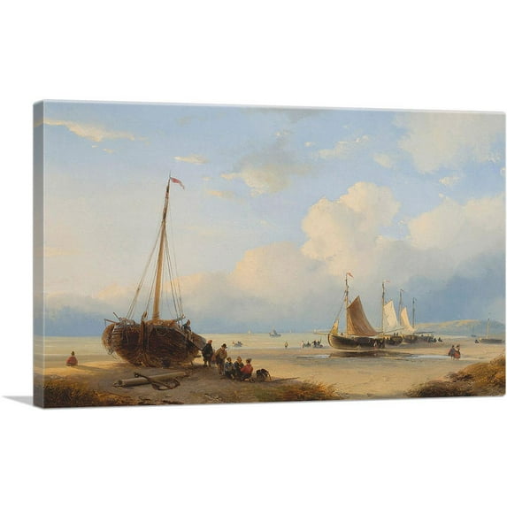 ARTCANVAS Fisherfolk With Beached Vessels 1845 Canvas Art Print by Andreas Schelfhout - Size: 40" x 26" (1.50" Deep)