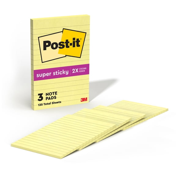 Post-it Super Sticky Notes, Lined, 4 in x 6 in, Canary Yellow, 4 Pads