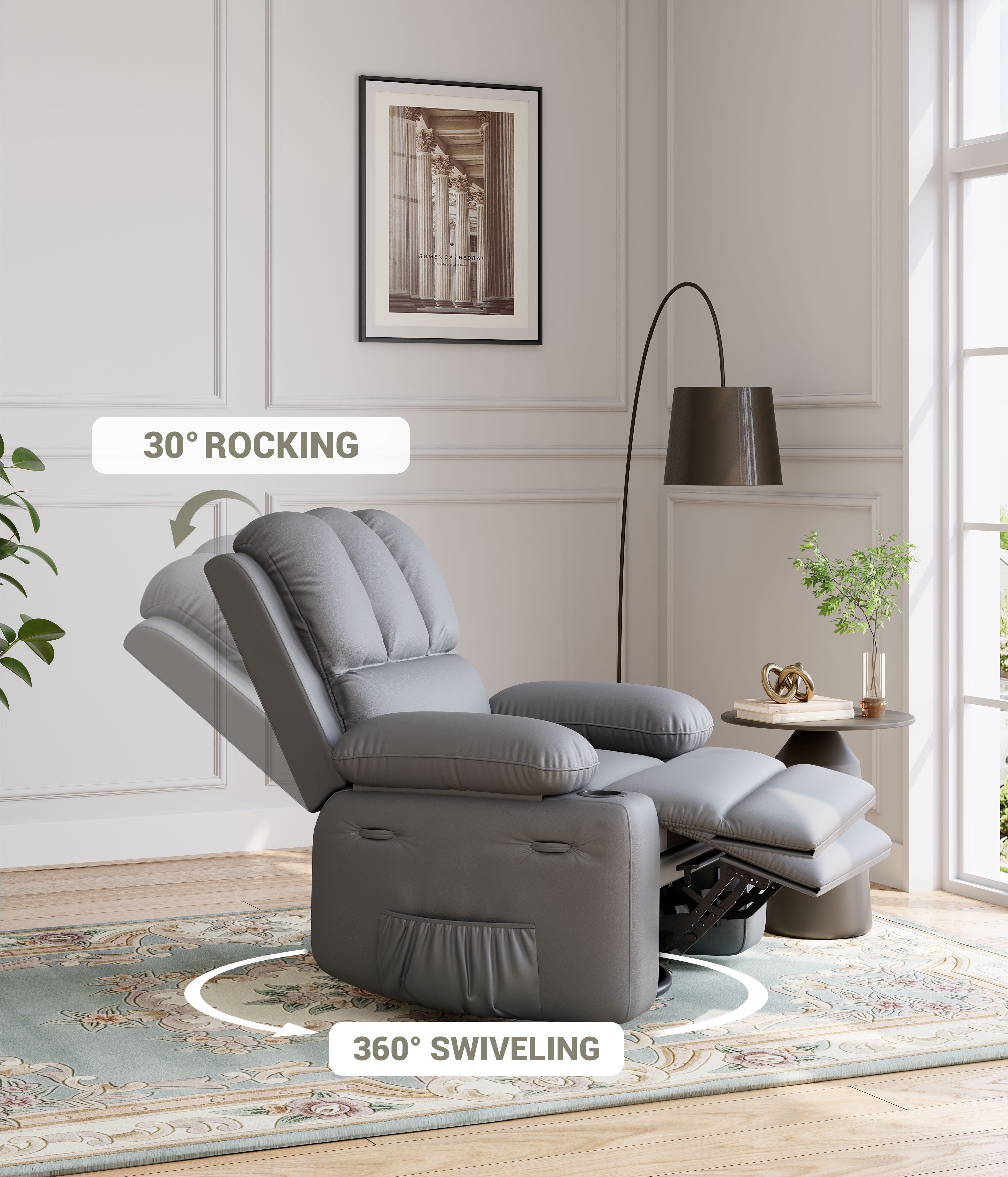 360° Swivel Rocker Recliner Chair for Adults, Lazy Recliner for Adults, 22 in with 1.5X Sponge Filling, Side Pocket, and Cup Holder, for Living Room, Bedroom, and Nursery, Gray