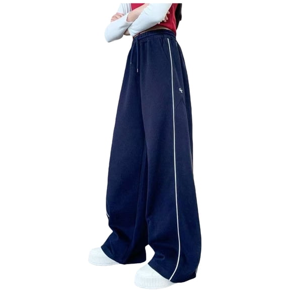 CPNG Girls Baggy Casual Sweatpants Straight Wide Leg Drawstring Sweat Pants Teen Girls Elastic High Waist Trousers Streetwear(Navy,13-14 Years)