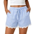 thumbnail image 2 of Yievot Cotton Linen Shorts for Women Striped Lace Trim Elastic Waist Drawstring Relaxed Fit Summer Casual Beach Shorts, 2 of 7