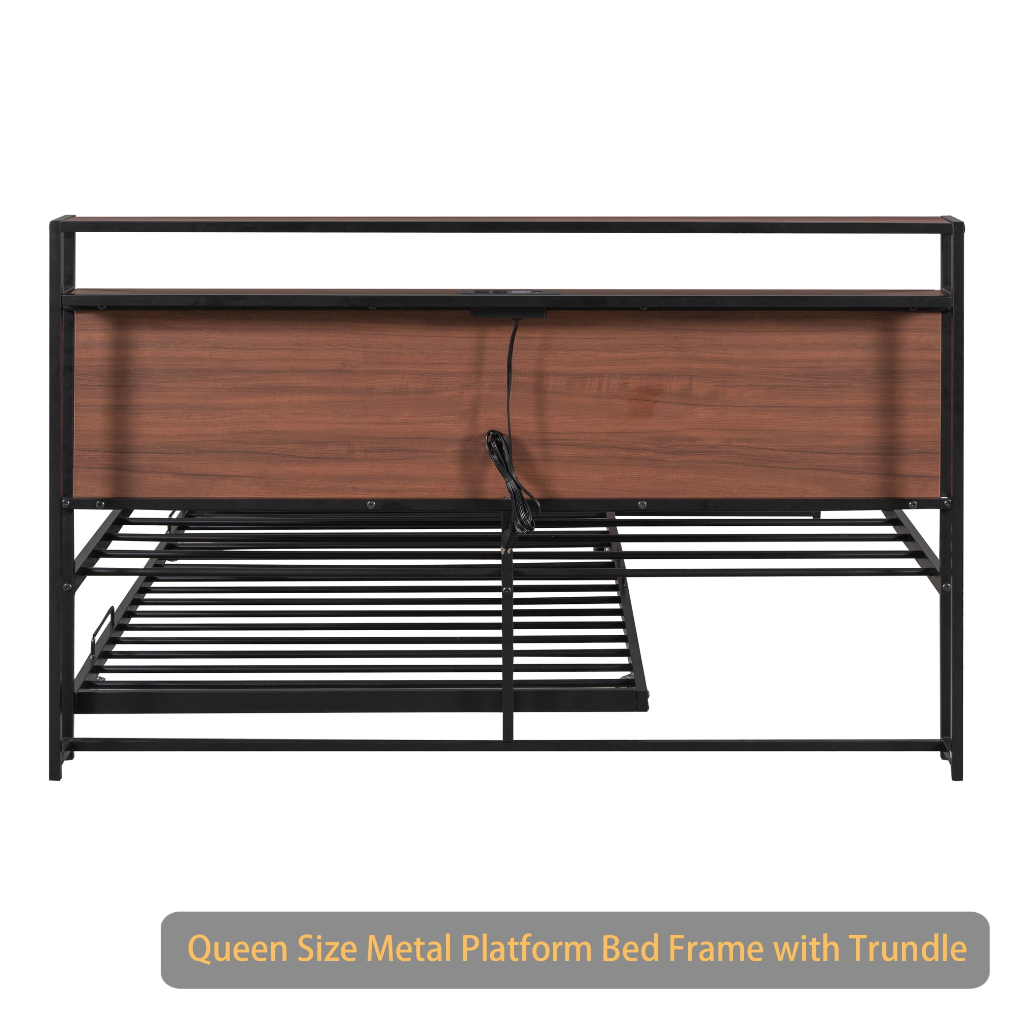 Queen Size Metal Platform Bed Frame with Trundle, USB Ports and Slat Support ,No Box Spring Needed Black