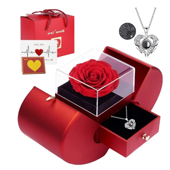Preserved Red Real Rose with "I Love You" Heart Necklace, Eternal Flower Gift for Her, Mom, Wife, Girlfriend, Grandma on Valentine's Day, Christmas, Birthday, Mother's Day, Anniversary, Thanksgiving