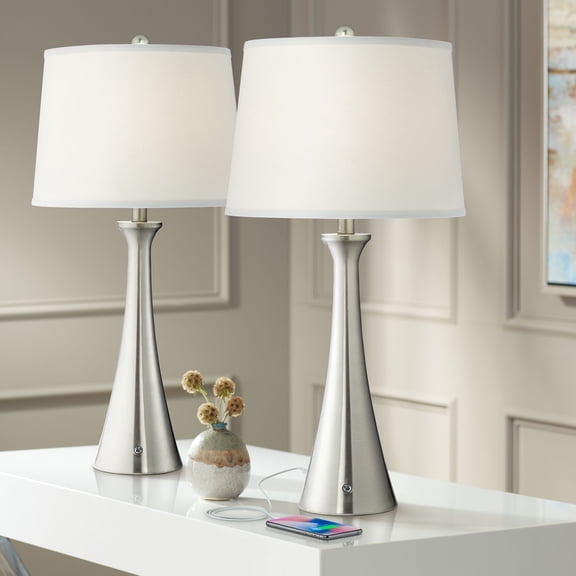 360 Lighting Karl Modern Table Lamps 27 1/2" Tall Set of 2 Brushed Nickel with USB and Outlet White Drum Shade for Bedroom Living Room House Bedside