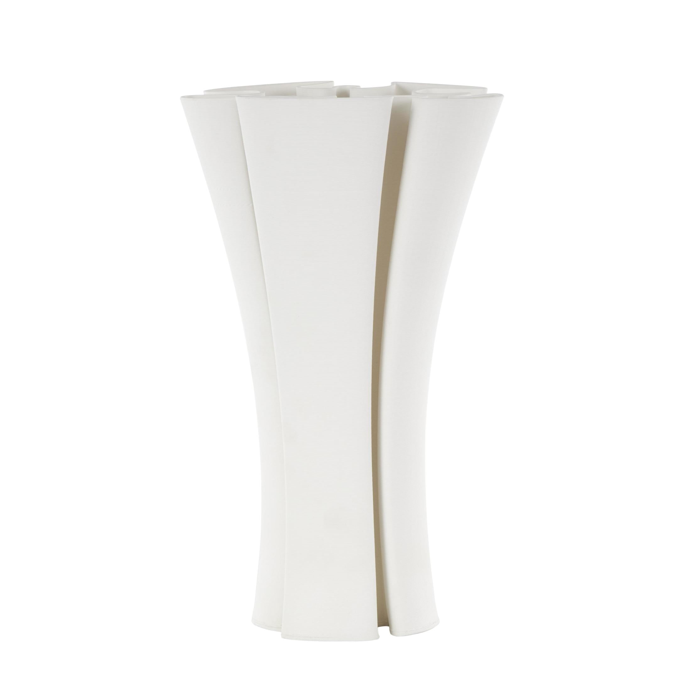DecMode 15" Abstract Ribbed Dimensional Folded White Ceramic Vase with Curvy Rim