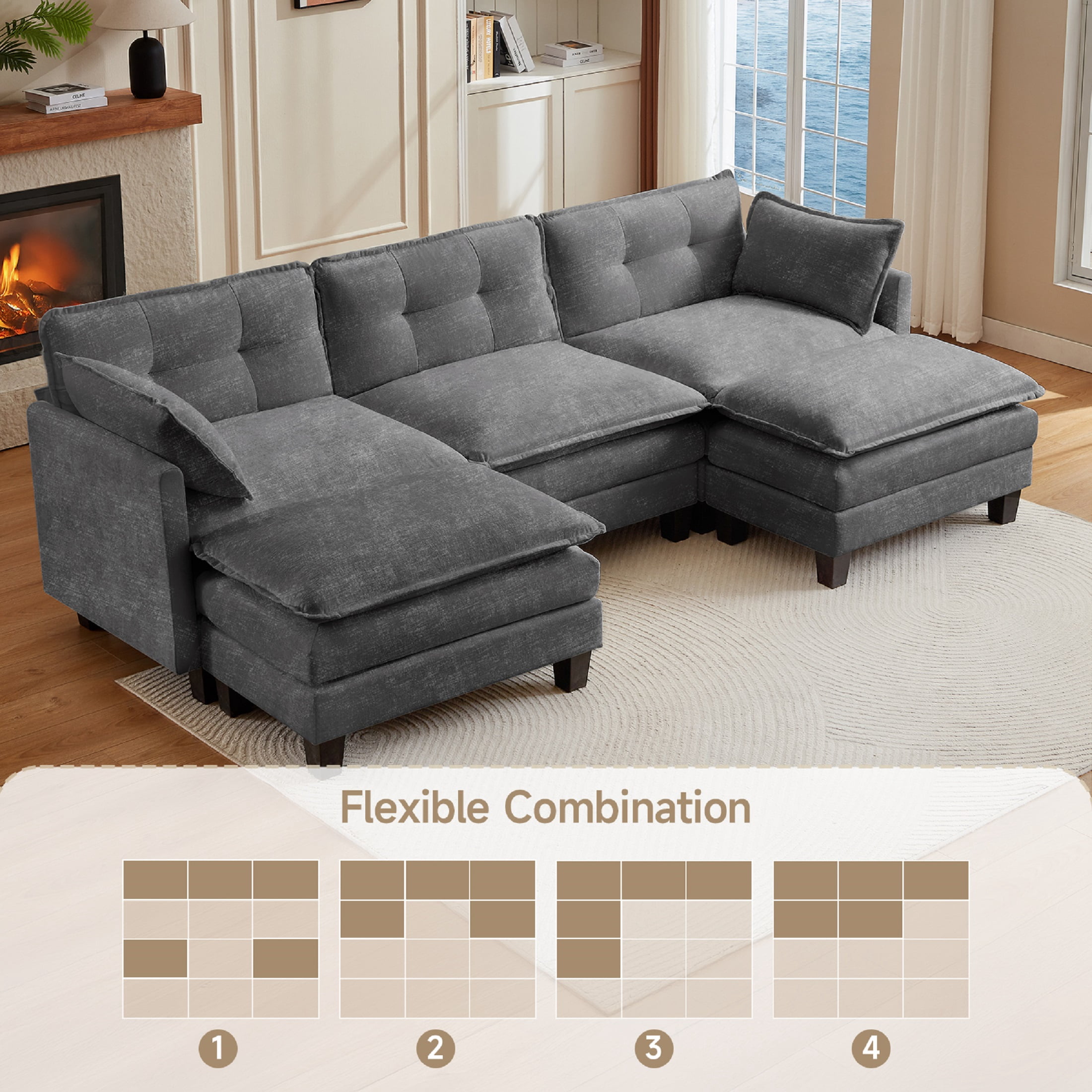 Amsleekey 111.5" Modular Sectional Sofa with 2 Movable Ottomans, U-Shaped Modern Chenille Cloud Couch for Living Room, Comfy Deep Seat Large Daybed, Grey