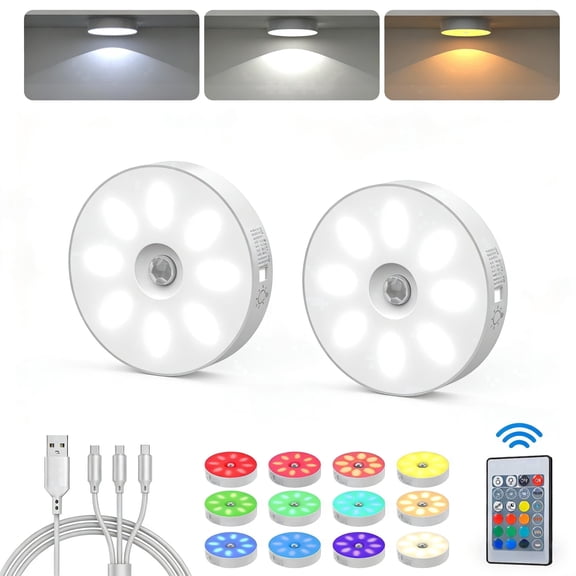 Puck Lights, Rechargeable Under Cabinet Lights, Led Puck Lights with Remote, 3 Color Temps & 12 RGB Colors, Dimmable Magnetic Stick-On Lights for Kitchen Closet Stairs, 2-Pack
