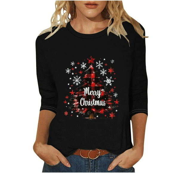 Lcziwo Christmas 3/4 Length Sleeve Shirt for Women Round Neck Fall Tops Xmas Tree Print Oversized Tees Casual Trendy Xmas Holiday Blouses Wine,S