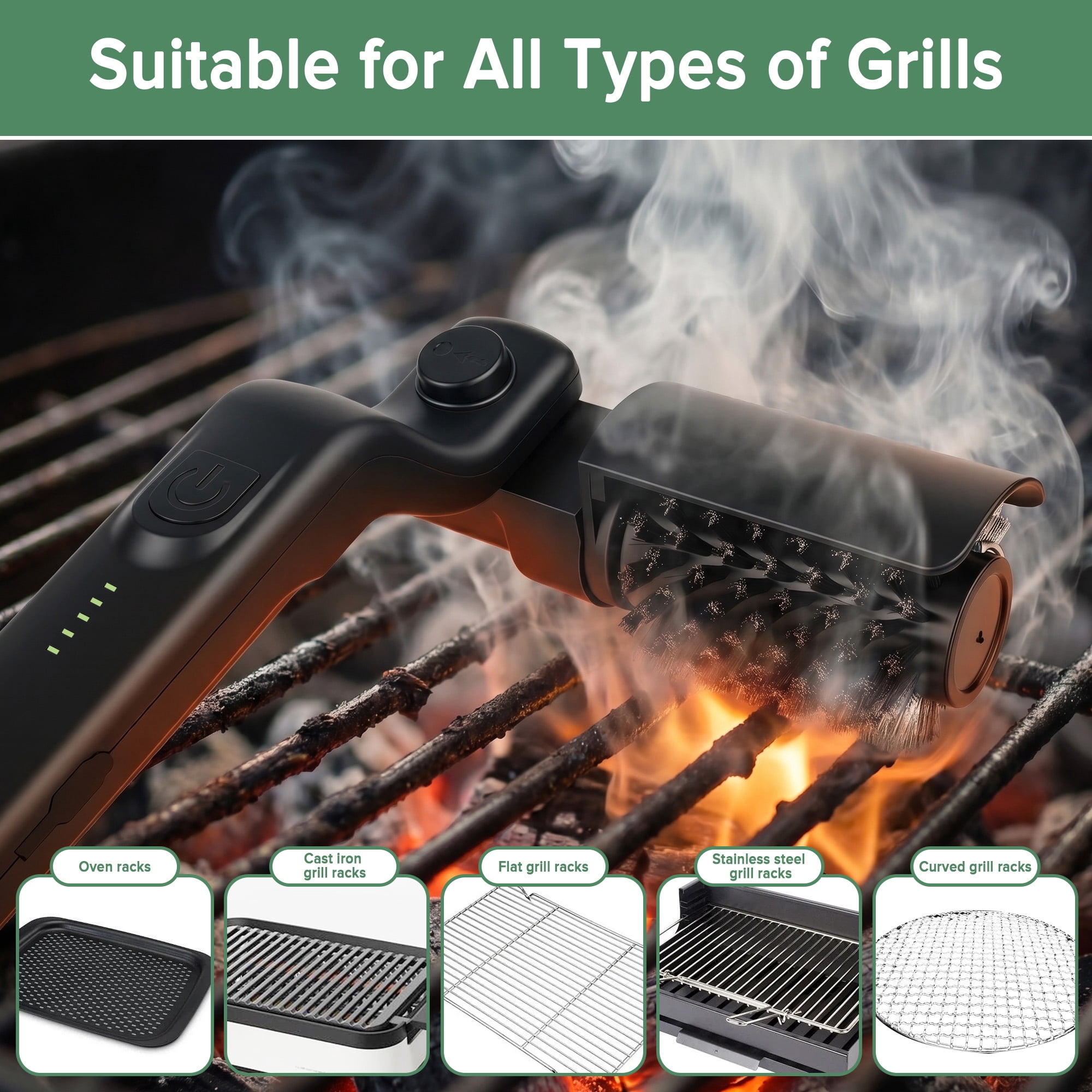 Electric Grill Brush, 180° Adjustable Angle, 3-Speed Power Motor, 90-Min Runtime, Rechargeable, Outdoor Kit Grill Cleaner for BBQ Grates Griddles