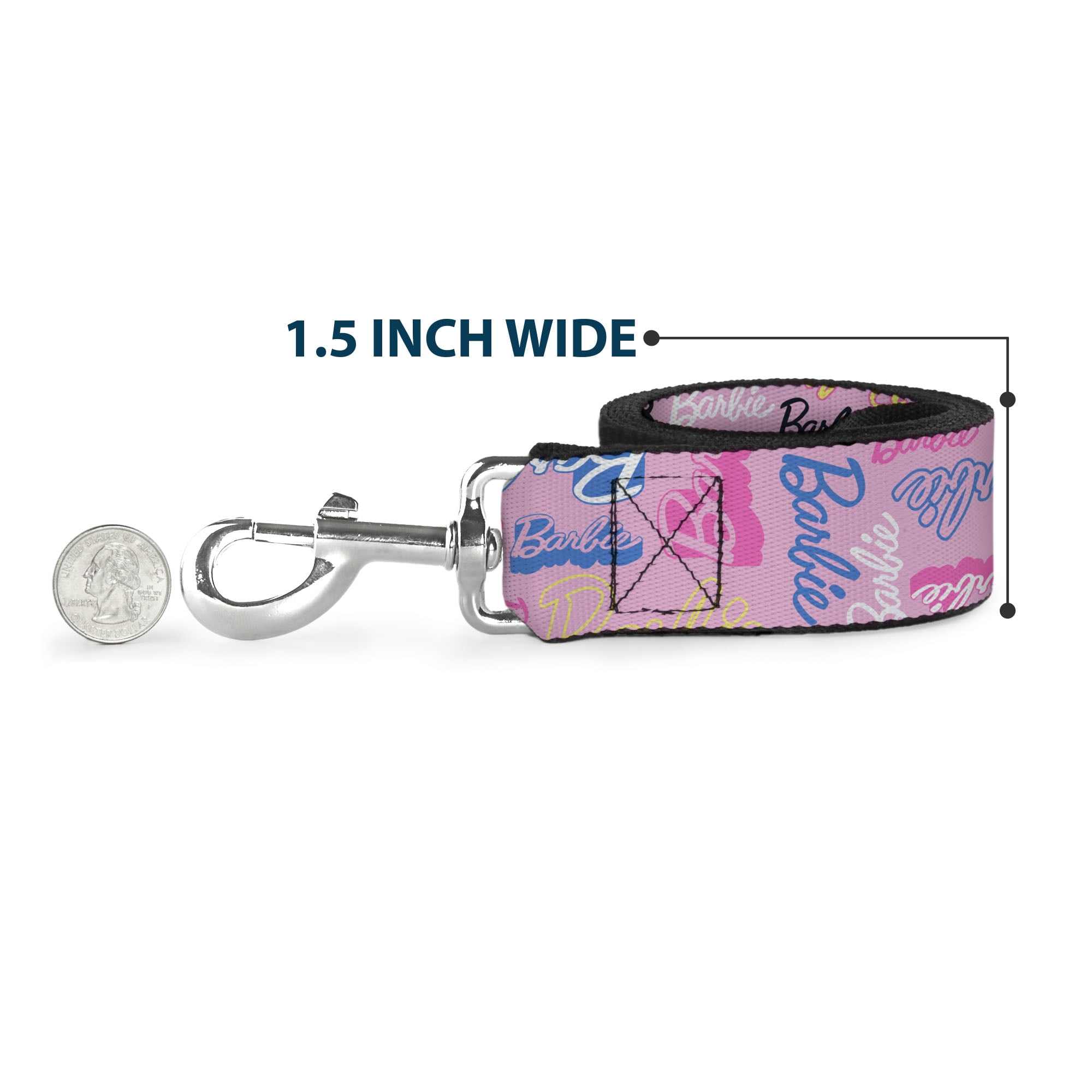 Mattel Pet Leash, Dog Leash, Barbie Script Signature Collage Pink Multi Color, 6 Feet Long 1.0 Inch Wide
