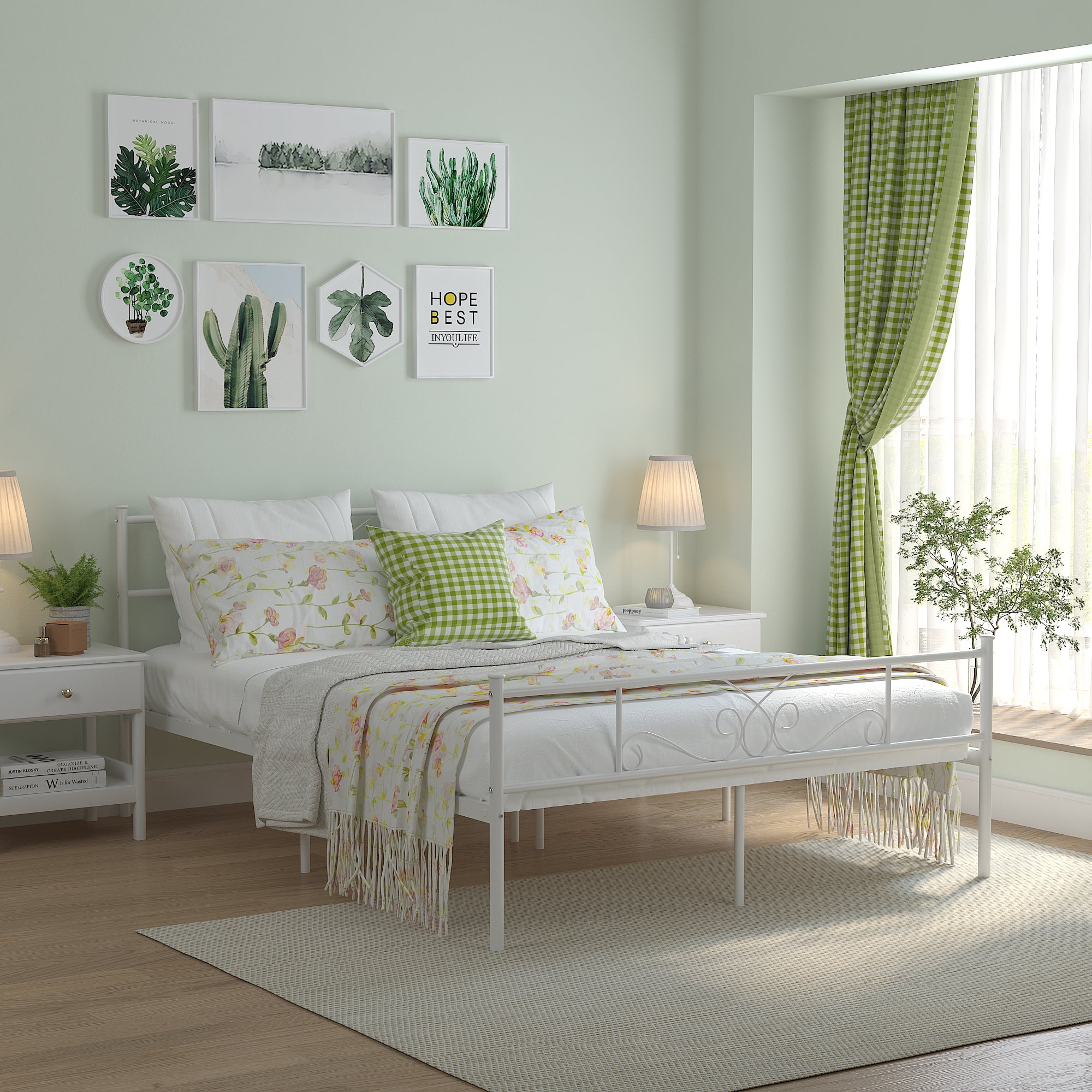 Yoneston Heavy Duty Queen Size Platform Bed Frame with Vintage Scroll Headboard & Footboard, White
