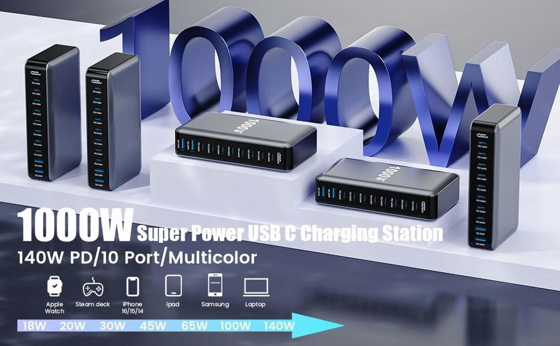 Famous Tech Shop 1000W 11-Port USB Charging Station Hub with 240W USB-C Cable, Stand, Power Cord, Protection for MacBook, Samsung Galaxy