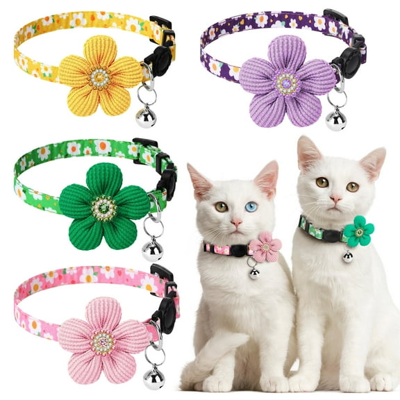 shuaien 4 Pack Cute Cat Collar with Bells,  Kitten Collars for Girls Cat,  8-12inch Adjustable Breakaway Kitten Collars, Kitten Supplies Flower Cat Collar