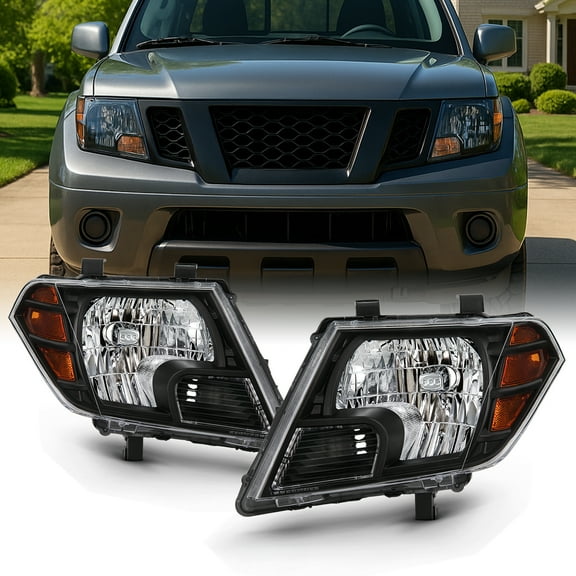 AKKON - Fits 2009-2021 Frontier Extended Crew Cab Pickup Truck [Halogen Style] Black Headlights w/ Amber Side Signal Pair