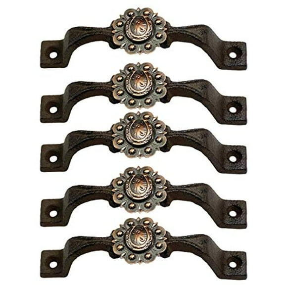 Urbalabs Cast Iron Kitchen Cabinet Handles and Drawer Pulls Western Concho Cross Horseshoe and Star Country Home Rustic Decor Farmhouse Cabinet Handle Cabinet Knobs (5, Copper Horseshoe)