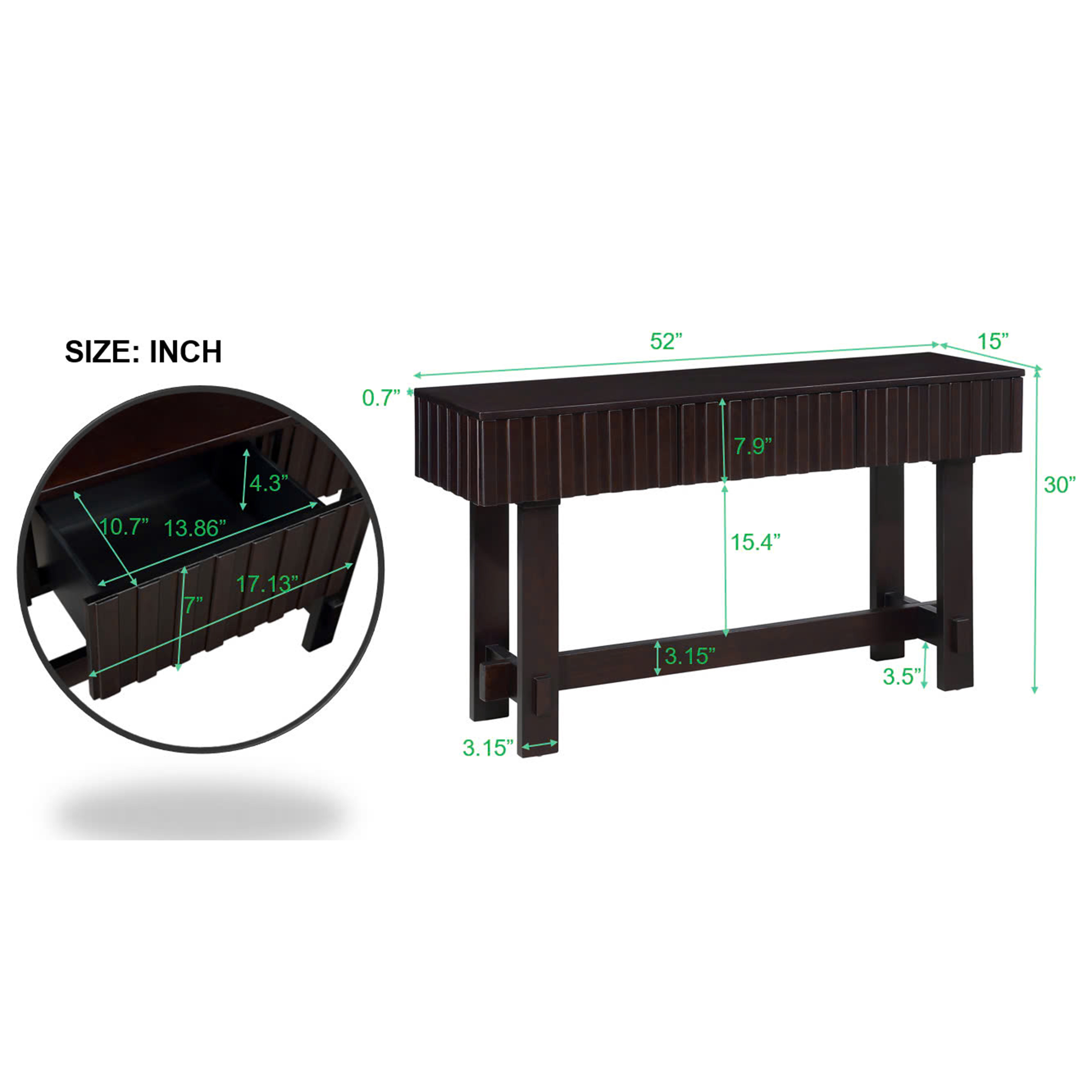 PORKISS Solid Pine Wood Console Table, Entryway Table Hallway Table with 3 Drawers, Retro Sofa Table for Living Room, Foyer, Espresso