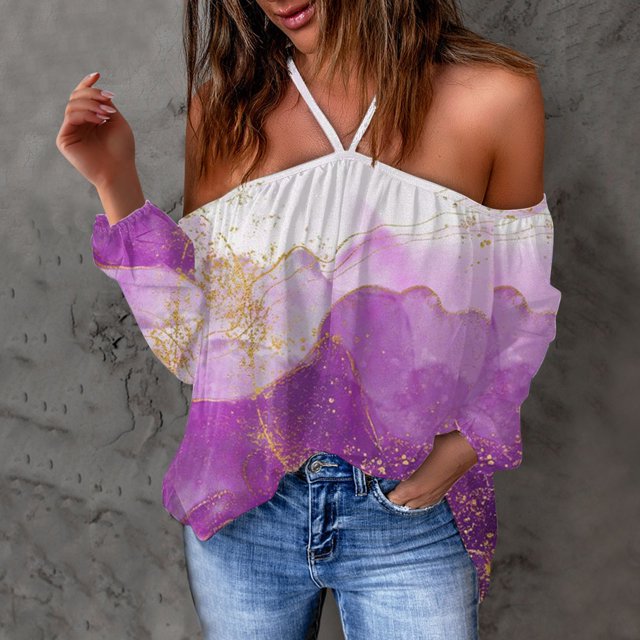 ICHUANYI Clearance Women Flowers Printing V-Neck Long Sleeve Halter Sexy Off Shoulder T-Shirt Casual Tops Blouse(Multicolor, S) ICHUANYI WER2023081402906