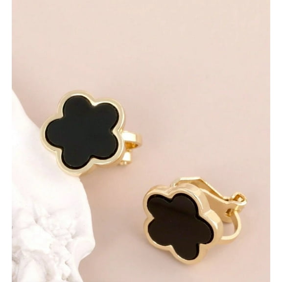 Clip on 1/2" small gold and black stone round edge button style earrings