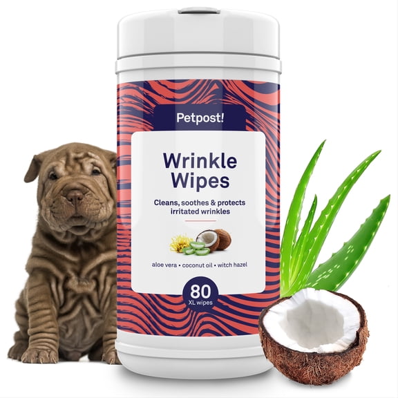 Petpost Large Wrinkle Wipes for Dogs - 60 Count 5x7 Inch Cotton Pads with Coconut Oil & Aloe - Gentle Cleanser for Bulldog, Pug & Wrinkly Breed Folds