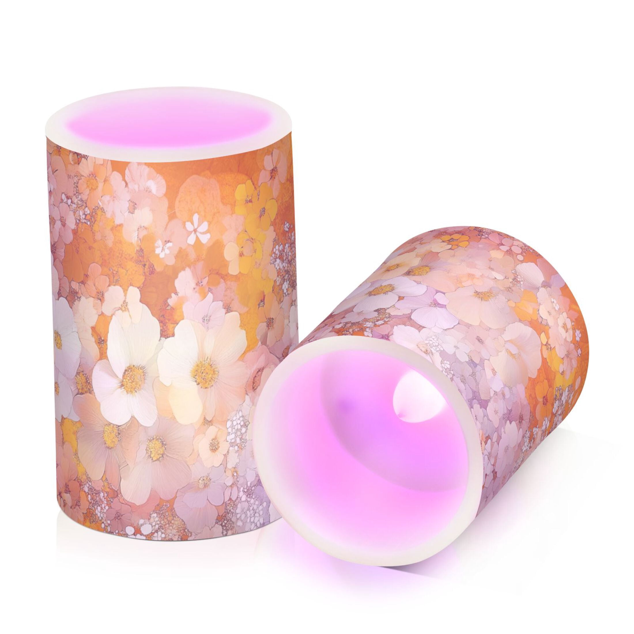 Orange Gradient Watercolor Flower Flickering Flameless Candles Battery Operated with Remote Timer LED Pillar Candles Set of 2