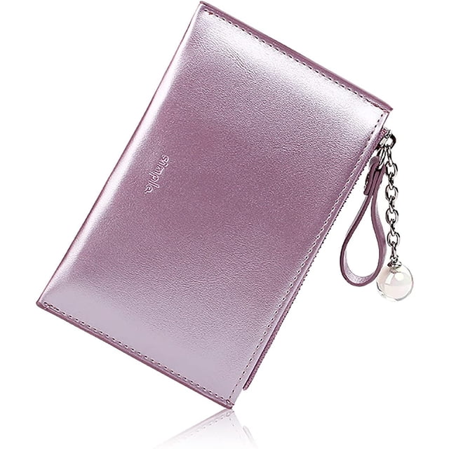Carteras de cuero con bloqueo RFID, delgadas, lindas y minimalistas, con bolsillo frontal, para mujer, tarjetero, mini monedero corto (púrpura)