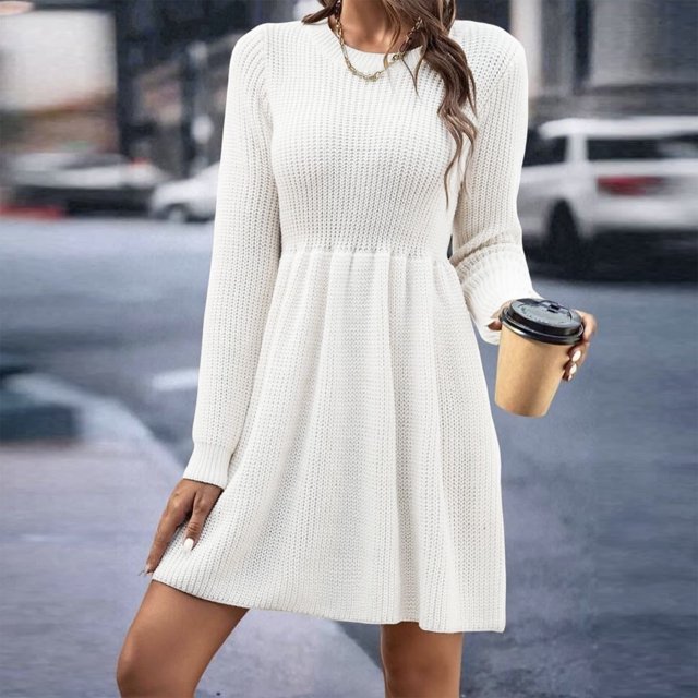 Gspmoly Robes Décontractées pour Femmes, Robe Chandail à Manches Longues et Col Rond Unie pour Femmes, Robe Chandail Longueur Genou, Robes de Travail pour Femmes Articles en Liquidation