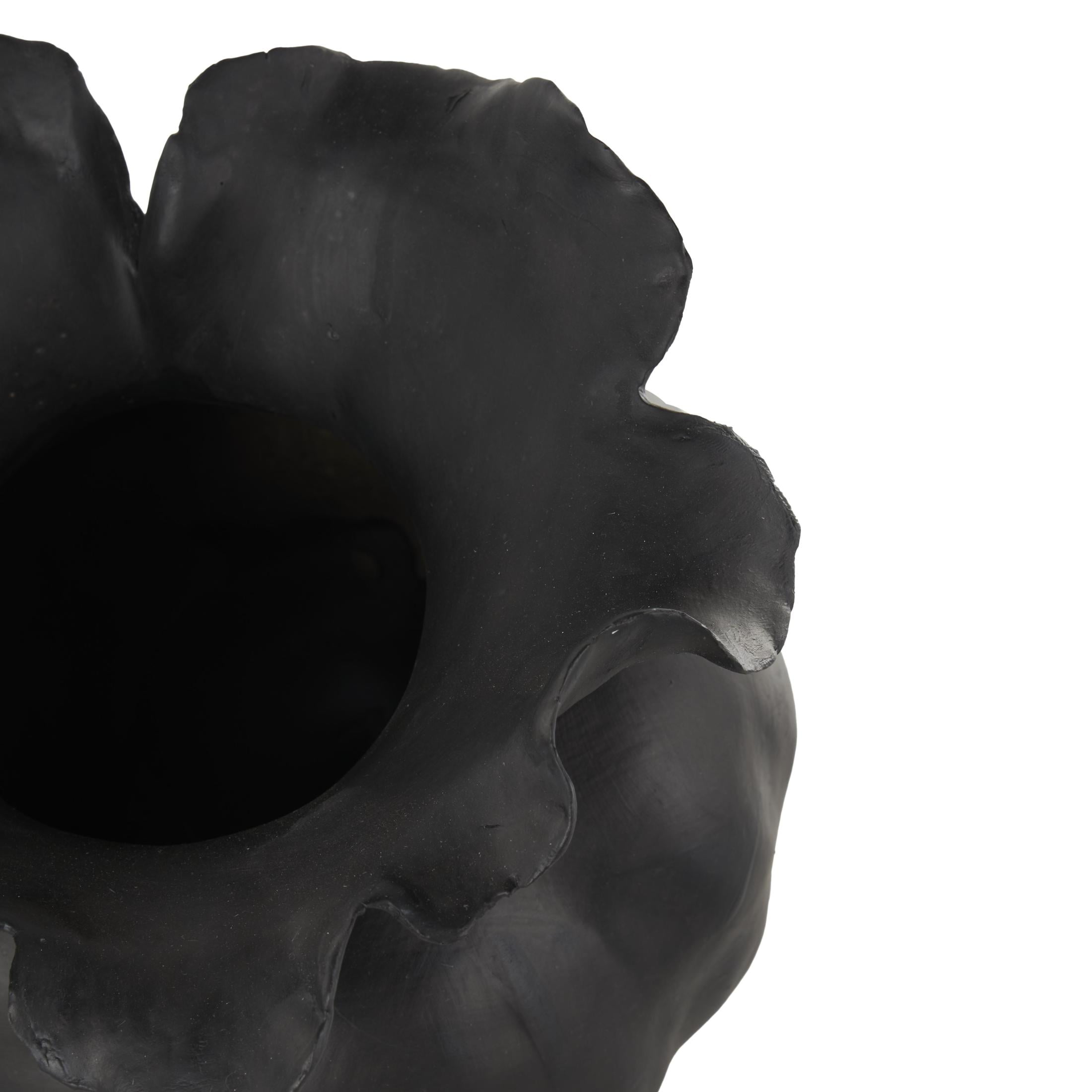 DecMode 9" Abstract Wide Rounded Floral Shaped Black Ceramic Vase with Petal Rim