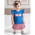 thumbnail image 5 of BemeyourBBs Toddler Baby Girl 4th of July Outfit Patriot Fourth of July Summer Independence Day Clothes American Flag Heart Embroidered Backless Flying Sleeve T shirt Tops Plaid Ruffle Shorts Set, 5 of 9