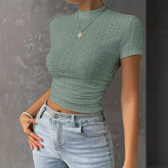Womens Tops Women's Fashionable and Simple Crop Top with Exposed Navel High Neck Mesh Versatile Top Shirts for Women