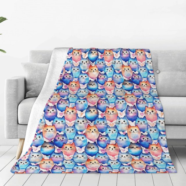 Balery Cartoon colorful cute cat Manta de Felpa Suave y Acogedora – Cobija de Franela Aterciopelada para Cama, Lavable y Cálida para Sofá, Mascotas, Transpirable-40"x30"