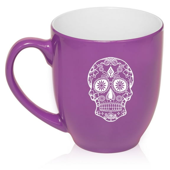 16 oz Large Bistro Mug Ceramic Coffee Tea Glass Cup Sugar Candy Skull (Purple)