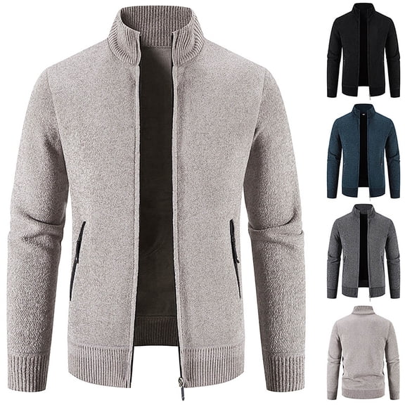 Miluxas Mens Fleece Lined Cardigan Sweater Stand Collar Full Zip Knitted Long Sleeve Active Jackets Warm Winter Thick Outwear Gray