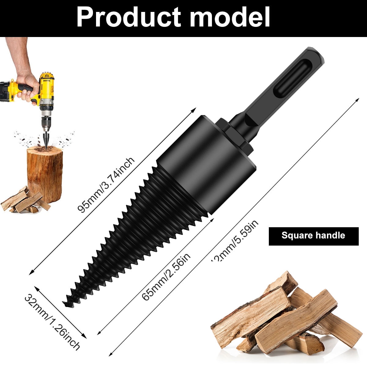 Overall Wood Splitter Drill Bit, Wood Splitter Tools 32MM Splitting Cone, with Round/Square/Hex Drill Handle Firewood Chopper