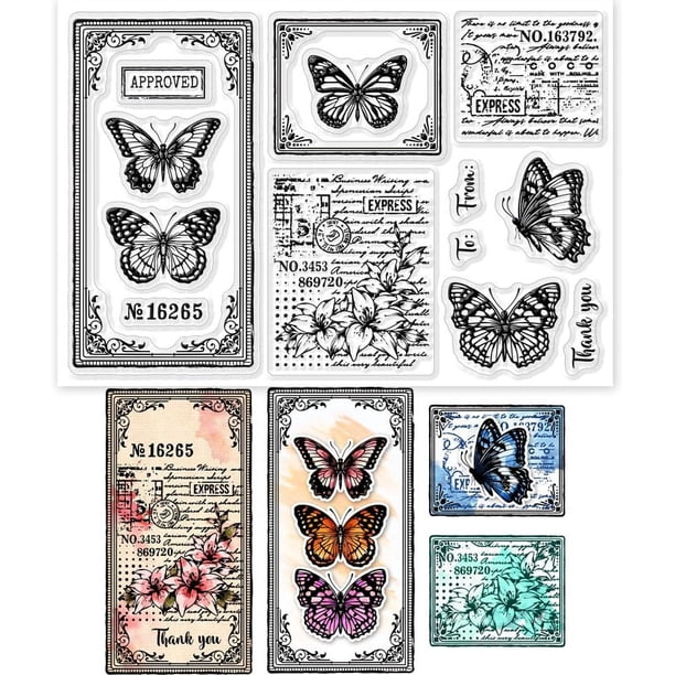 Sellos transparentes de mariposas vintage para scrapbooking DIY, fondo con palabras retro, sellos de silicona transparentes