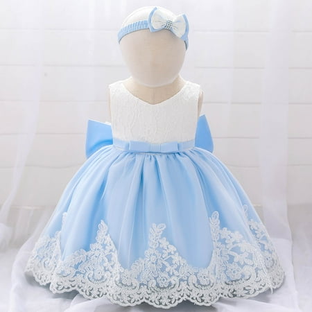 

cllios Toddler Girls Net Yarn Embroidery Rhinestone Bowknot Birthday Party Gown Long Dresses Headband Suit