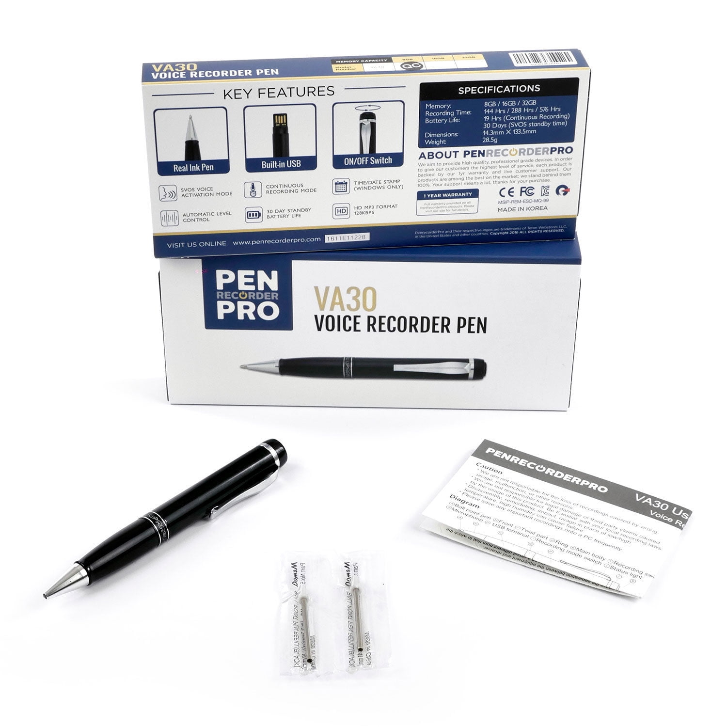 PenRecorderPro VA30 Voice Activated Recorder Pen, 30 Day Battery Life, Small Audio Recording Device