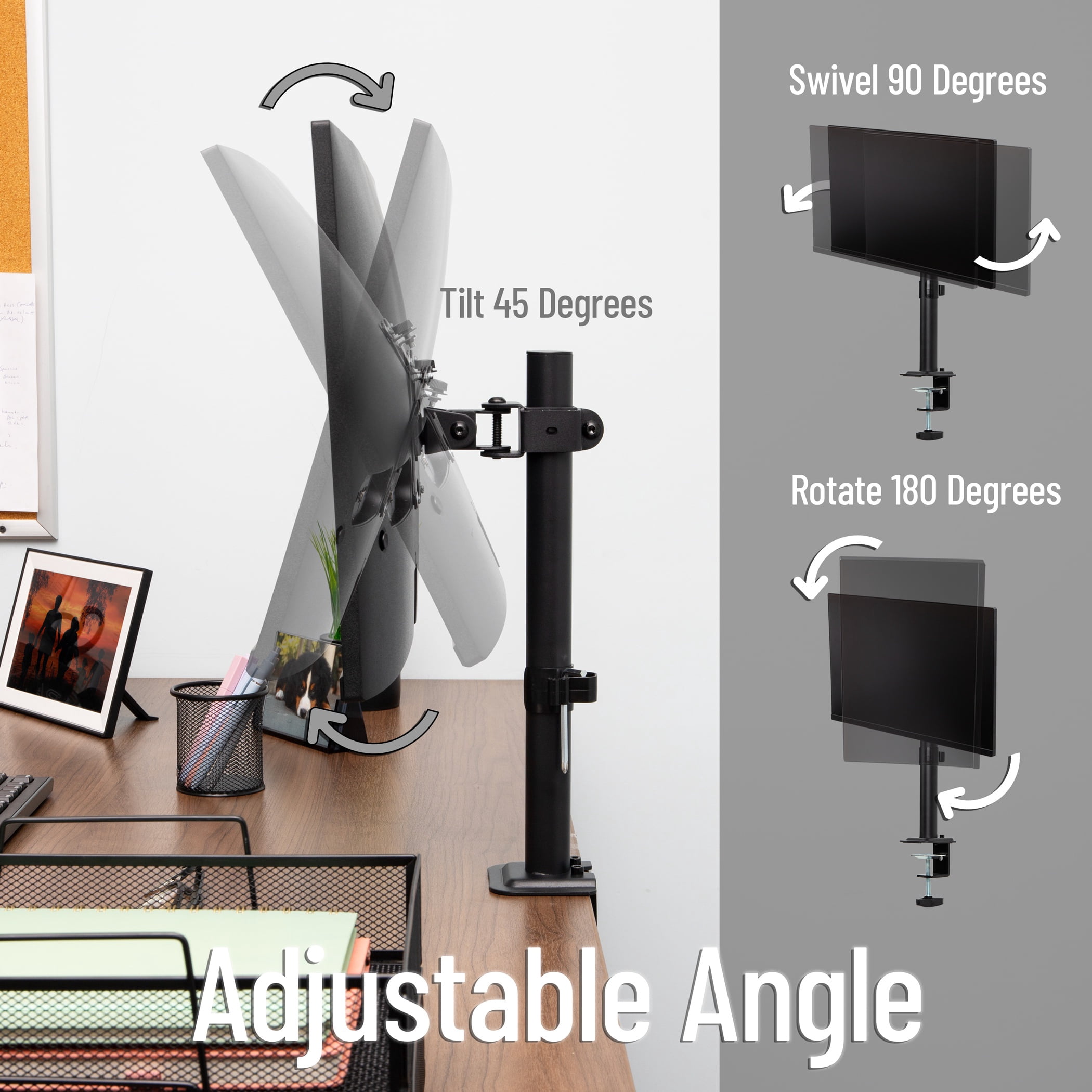 Mind Reader Single Monitor Desk Mount for 13"-32" Screens, VESA 75x75/100x100, 180° Rotation, ±90° Swivel, ±45° Tilt, 17.6 lb Load Capacity, Black