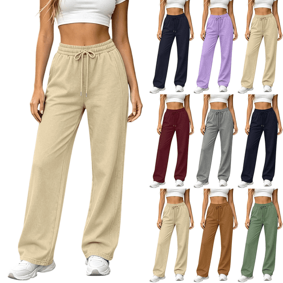 Women's Sweatpants Solid Color Straight Leg Lightweight Pants Casual Athleisure High Waist Baggy Drawstring Trousers
